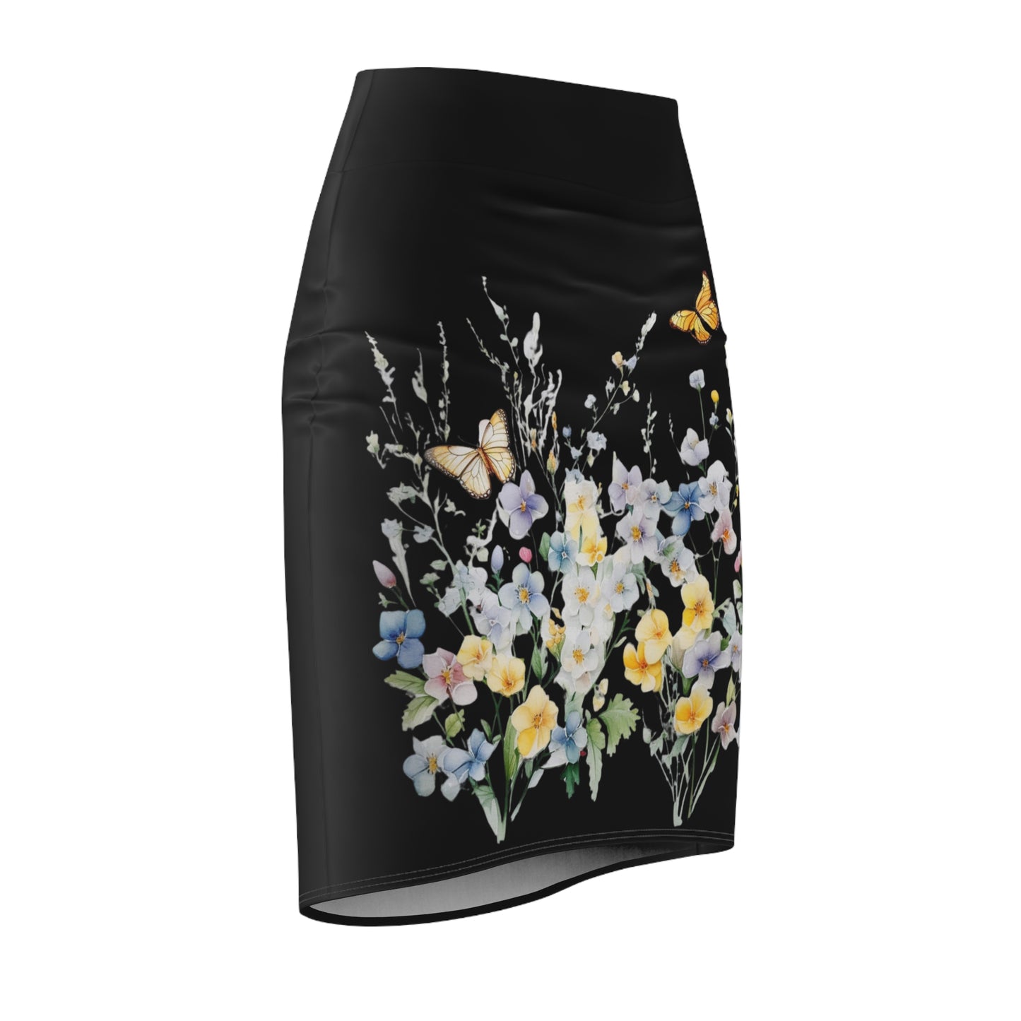 Black Women's Pencil Skirt (AOP) with Spring Flowers and Butterfly