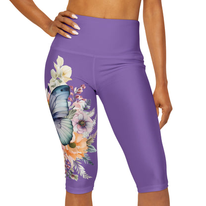 Yoga Capri Leggings (AOP) Lilac Color with Butterfly Design