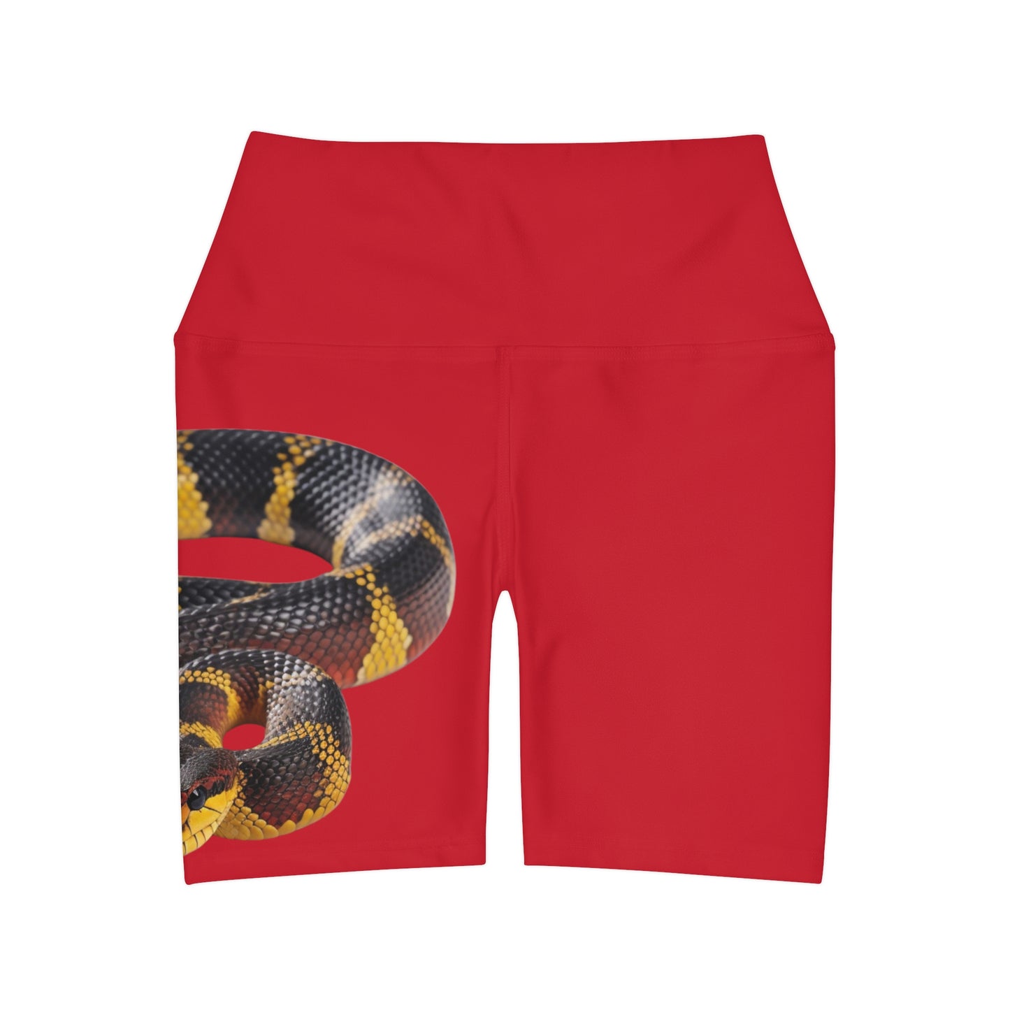 High Waisted Red Yoga Shorts (AOP) with a Snake design