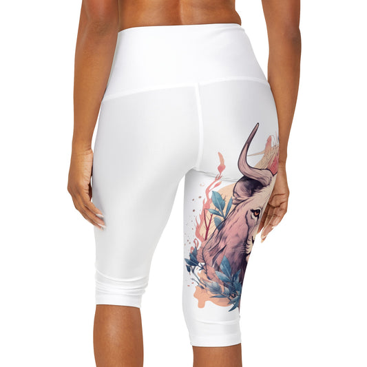 Yoga Capri White Leggings (AOP) Lion Design