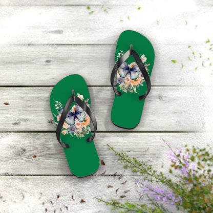 Dark Green Flip Flops with Butterfly Design