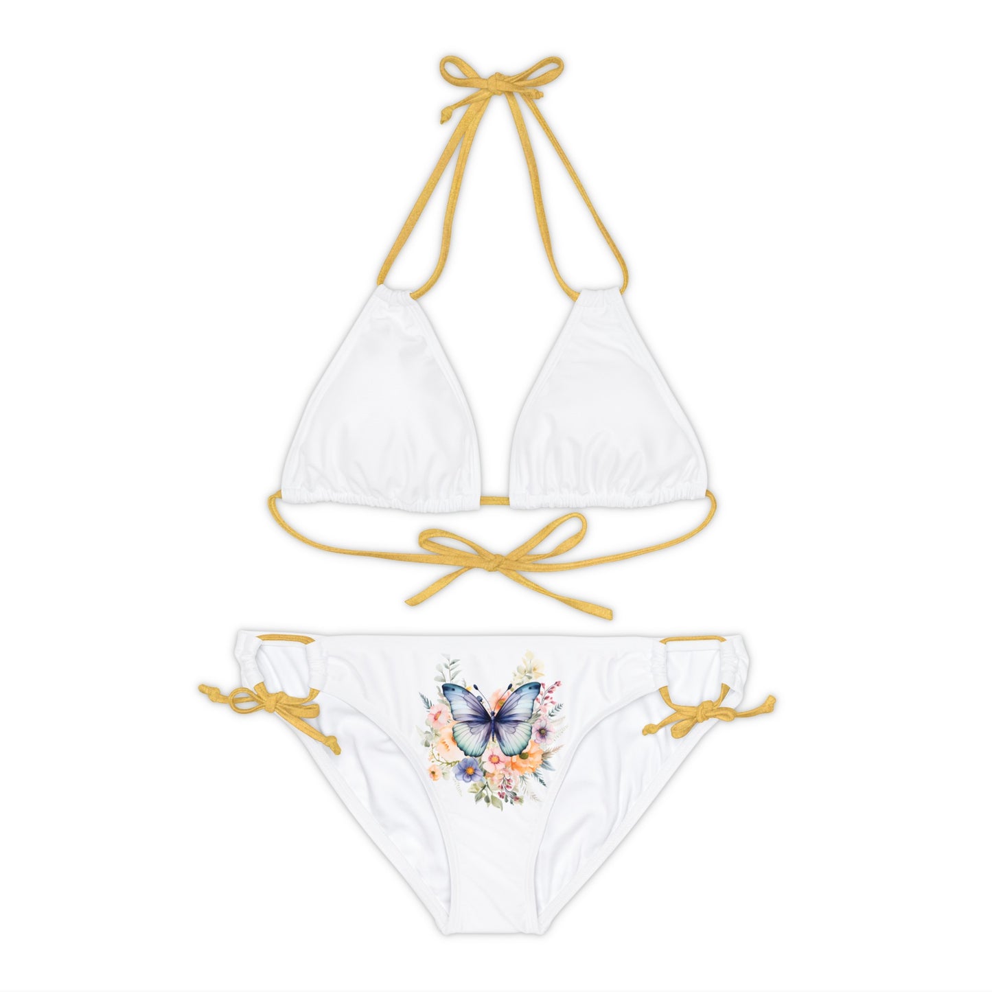 White Strappy Bikini Set (AOP) with Butterfly design