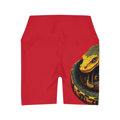 High Waisted Red Yoga Shorts (AOP) with a Snake design