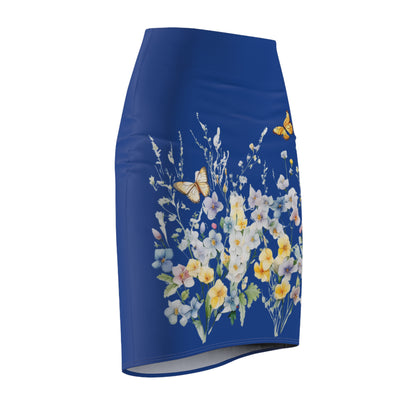 Dark Blue Women's Pencil Skirt (AOP) with Spring Flowers and Butterfly