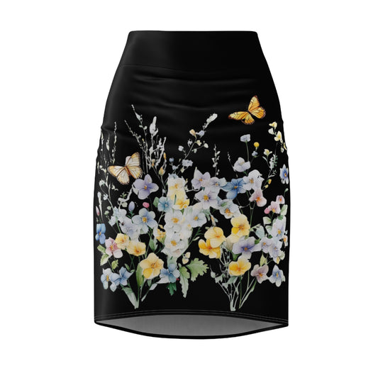 Black Women's Pencil Skirt (AOP) with Spring Flowers and Butterfly - JennyCool
