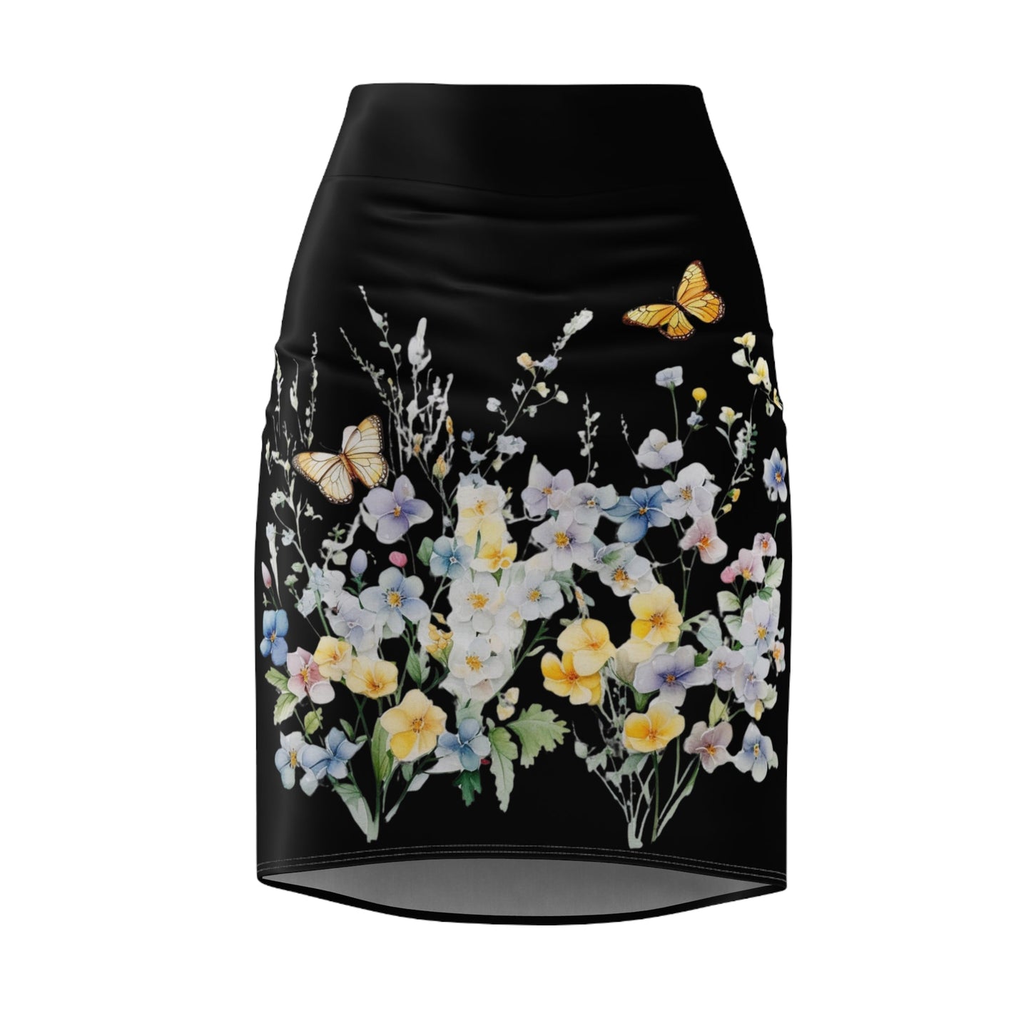 Black Women's Pencil Skirt (AOP) with Spring Flowers and Butterfly - JennyCool