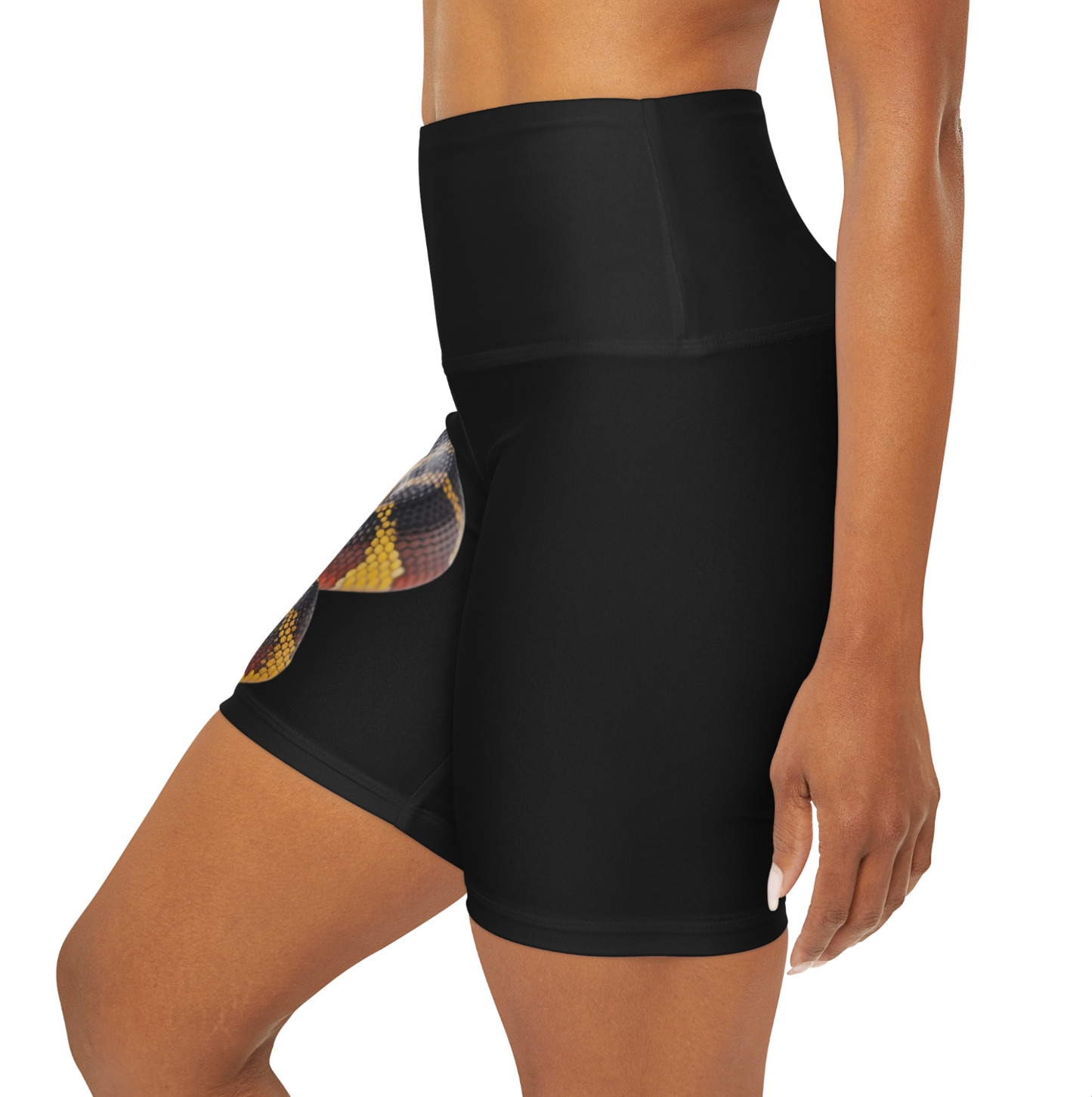 High Waisted Red Yoga Shorts (AOP) Black Color with a Snake design