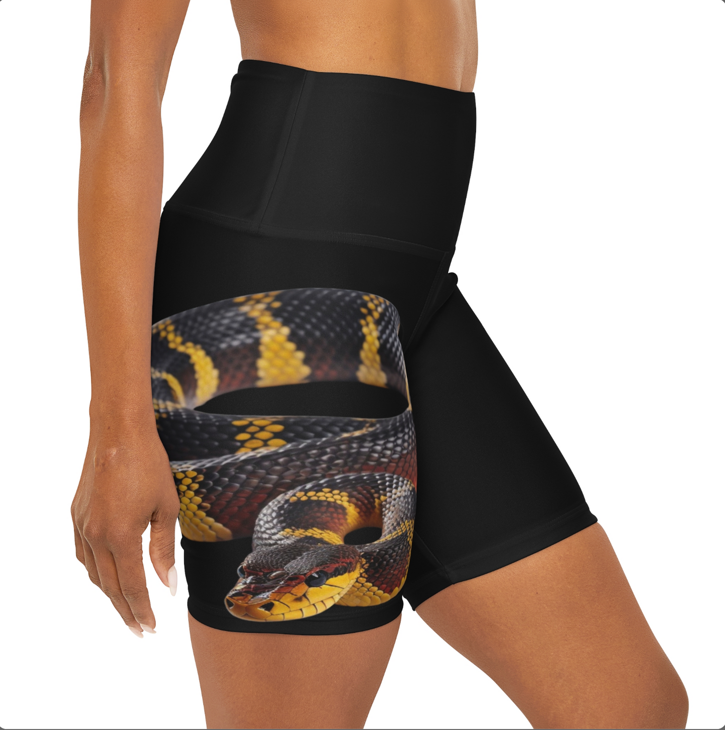 High Waisted Red Yoga Shorts (AOP) Black Color with a Snake design