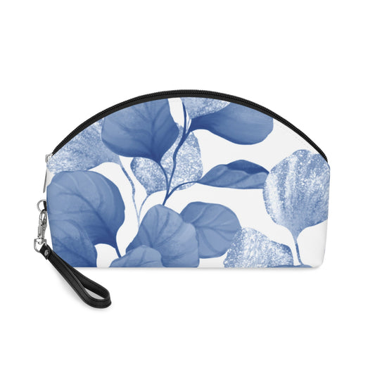 Blue Botanical Leaf Makeup Bag – Elegant Floral Cosmetic Pouch - JennyCool