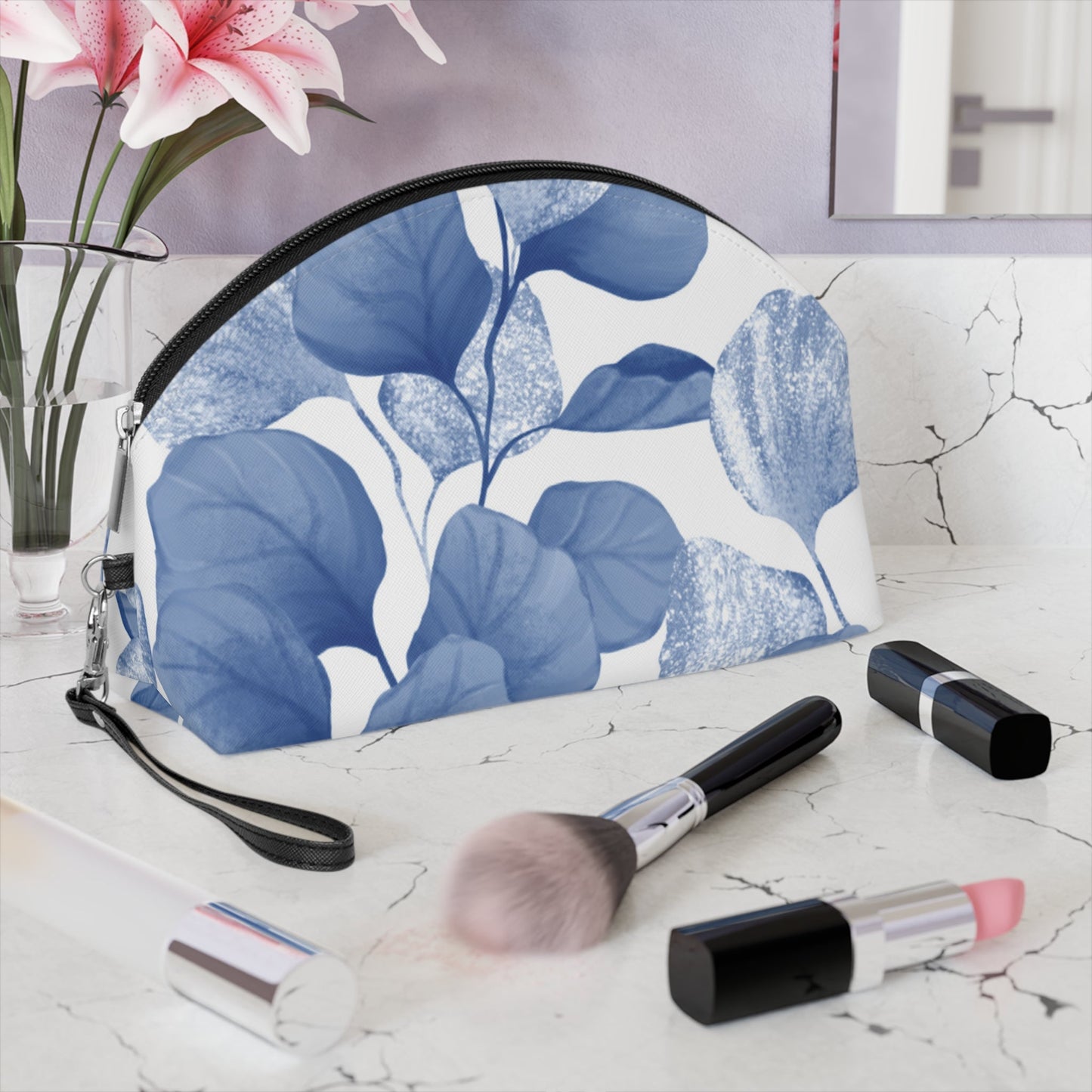 Blue Botanical Leaf Makeup Bag – Elegant Floral Cosmetic Pouch - JennyCool