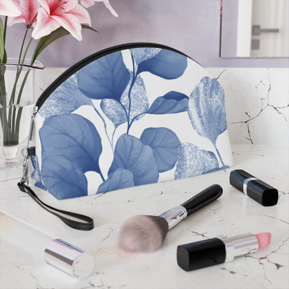 Blue Botanical Leaf Makeup Bag – Elegant Floral Cosmetic Pouch - JennyCool