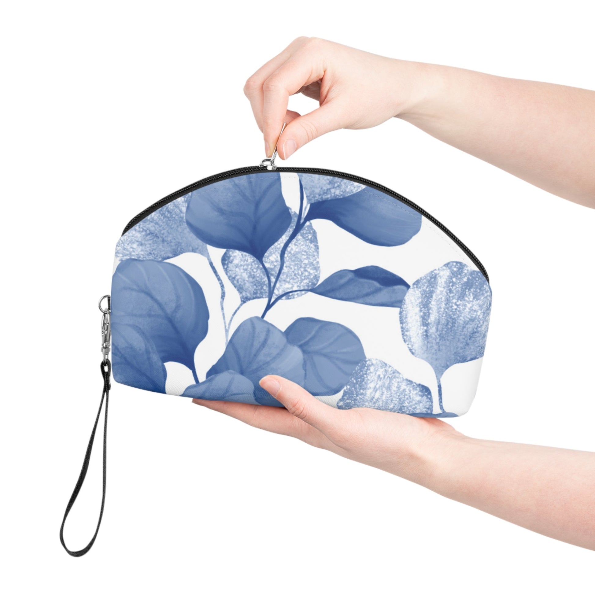 Blue Botanical Leaf Makeup Bag – Elegant Floral Cosmetic Pouch - JennyCool
