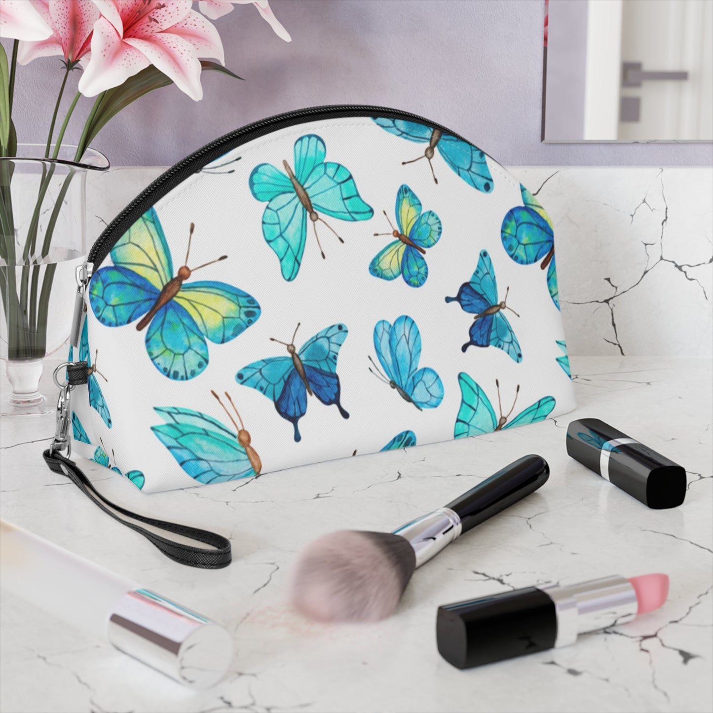 Blue Butterfly Makeup Bag — Floral Cosmetic Pouch for Women & Girls - JennyCool