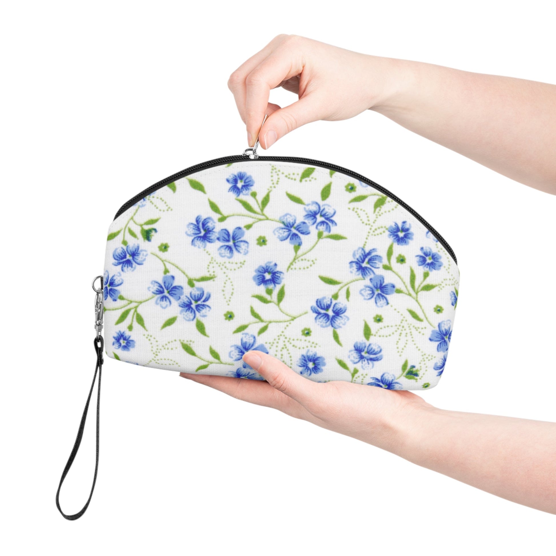 Blue Floral Makeup Bag – Vintage Blue Flower Cosmetic Pouch, Faux Leather Travel Makeup Organizer - JennyCool