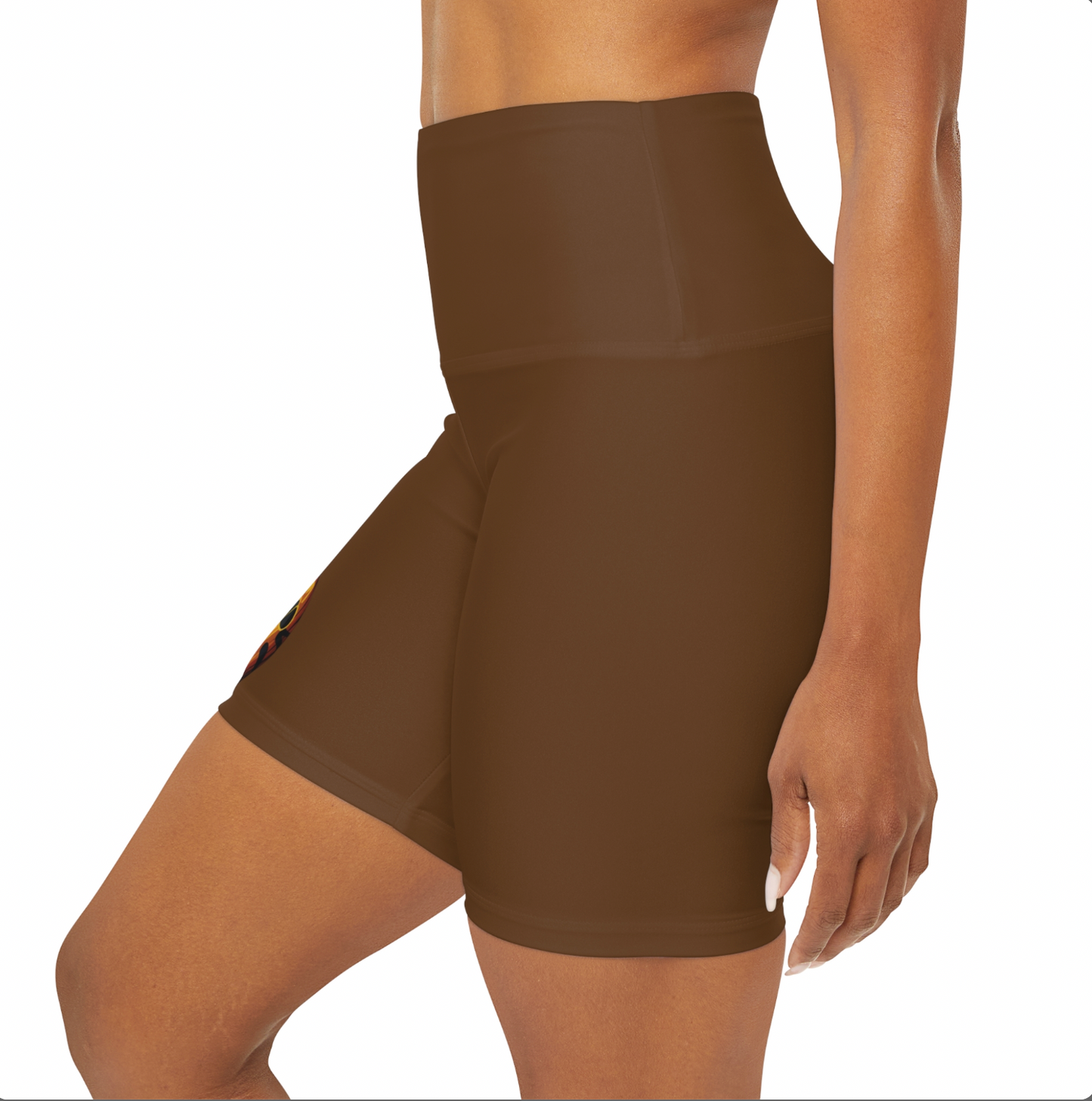 High Waisted Brown Yoga Shorts (AOP) with a Snake design