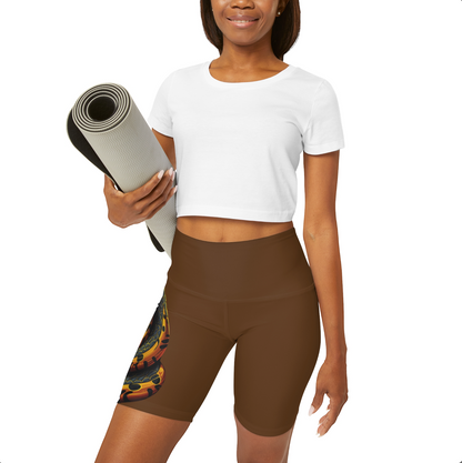 High Waisted Brown Yoga Shorts (AOP) with a Snake design