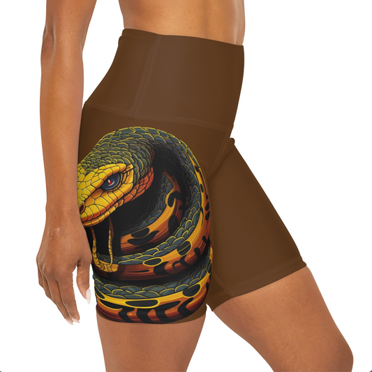 High Waisted Brown Yoga Shorts (AOP) with a Snake design