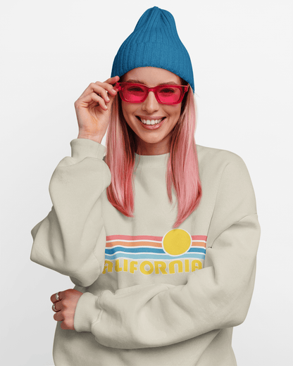 California Retro Sunset Crewneck Sweatshirt – Vintage Coastal Graphic Pullove - JennyCool