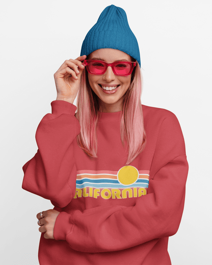 California Retro Sunset Crewneck Sweatshirt – Vintage Coastal Graphic Pullove - JennyCool