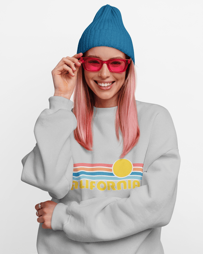 California Retro Sunset Crewneck Sweatshirt – Vintage Coastal Graphic Pullove - JennyCool