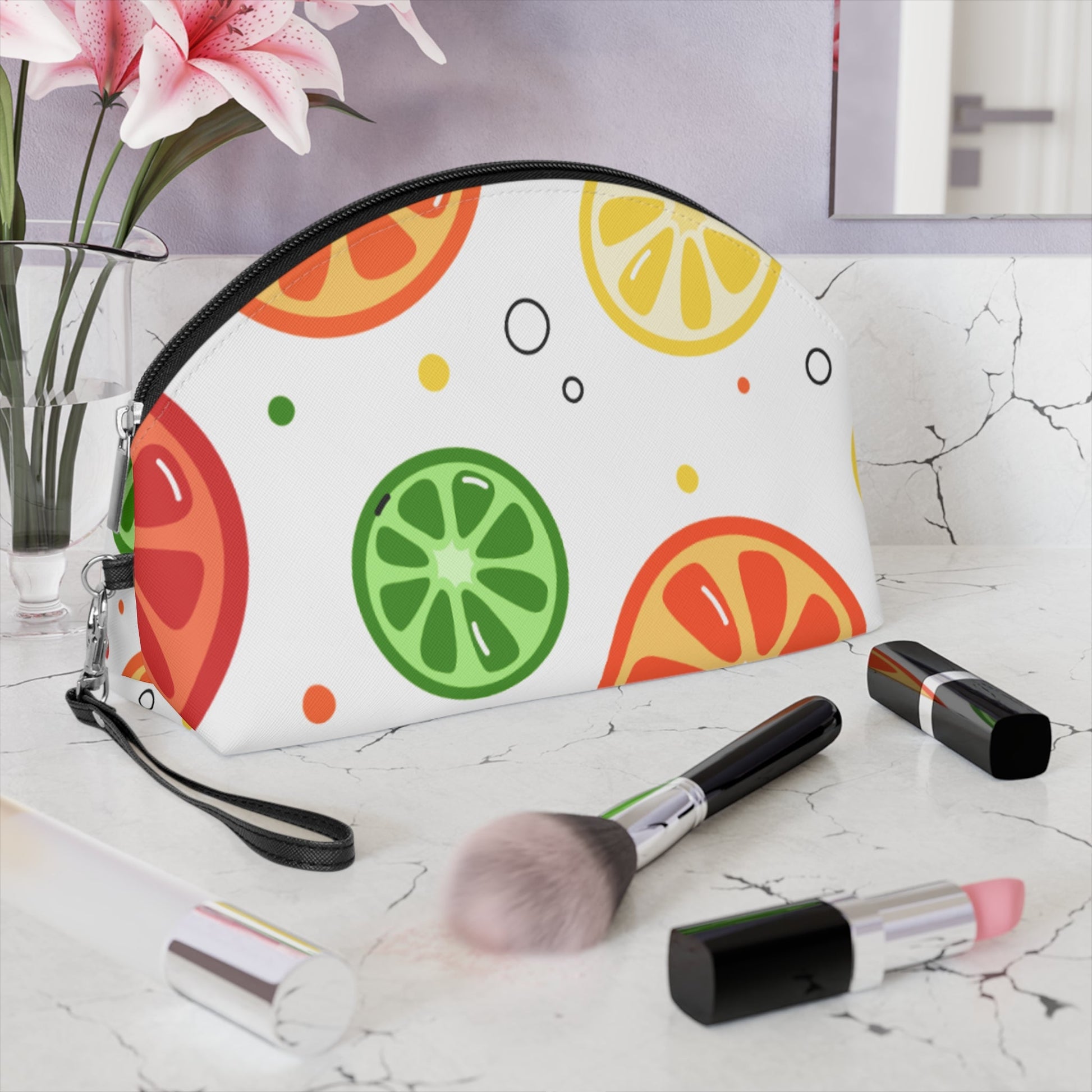 Citrus Fruit Makeup Bag – Orange Lemon Lime Cosmetic Pouch with Wrist Strap | Travel Beauty Organizer | Mother’s Day Gift - JennyCool