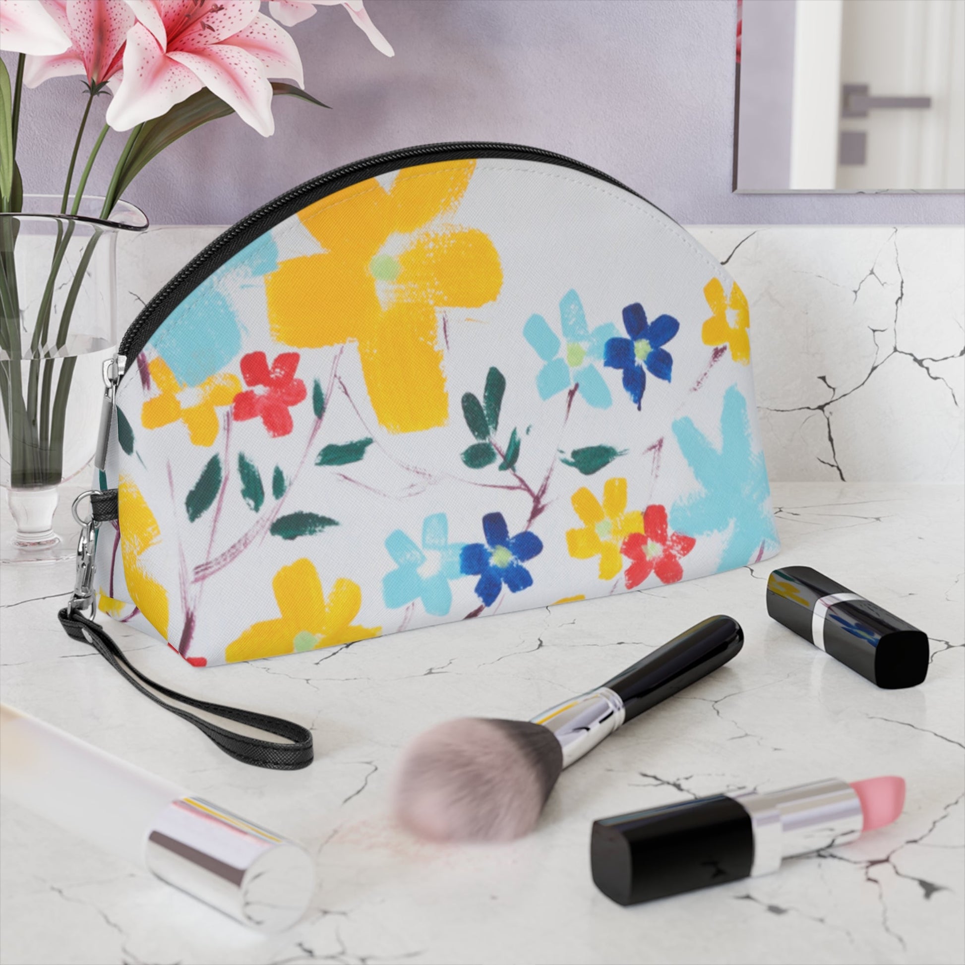 Colorful Floral Makeup Bag – Bright Flower Cosmetic Pouch, Faux Leather Travel Makeup Organizer - JennyCool