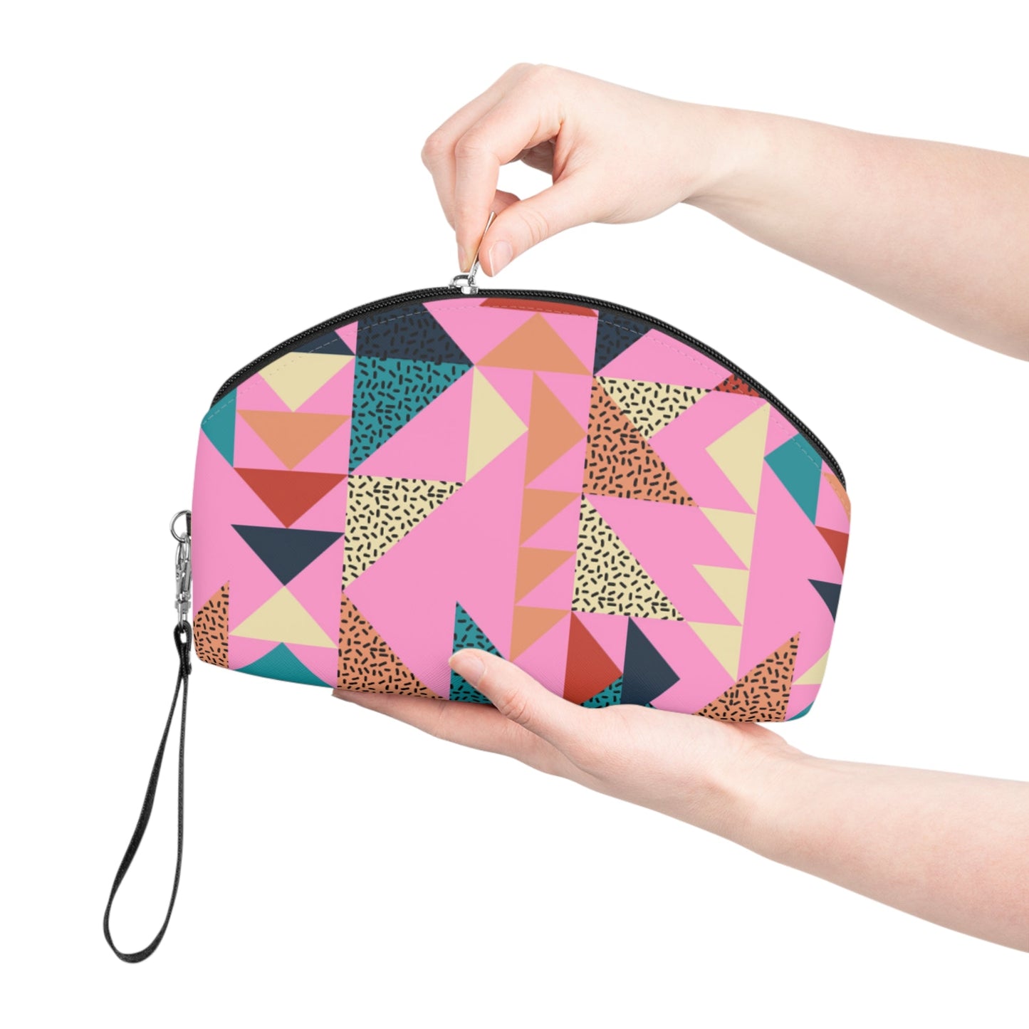 Colorful Geometric Makeup Bag – Memphis Style Cosmetic Pouch with Wrist Strap | Retro Travel Beauty Organizer | Mother’s Day Gift - JennyCool