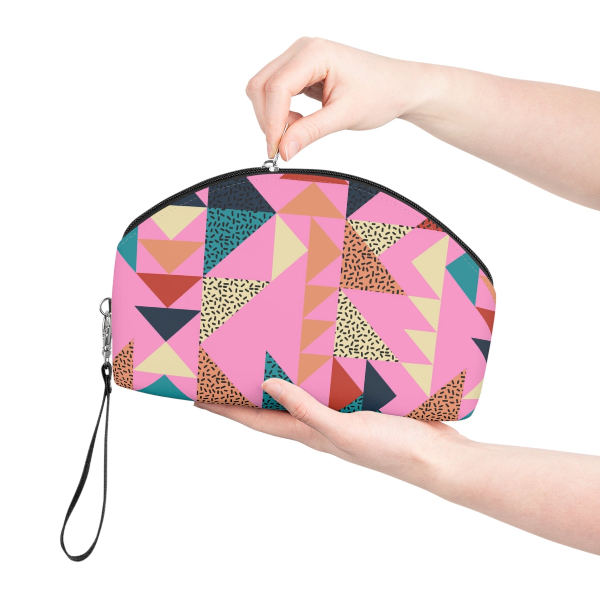 Colorful Geometric Makeup Bag – Memphis Style Cosmetic Pouch with Wrist Strap | Retro Travel Beauty Organizer | Mother’s Day Gift - JennyCool