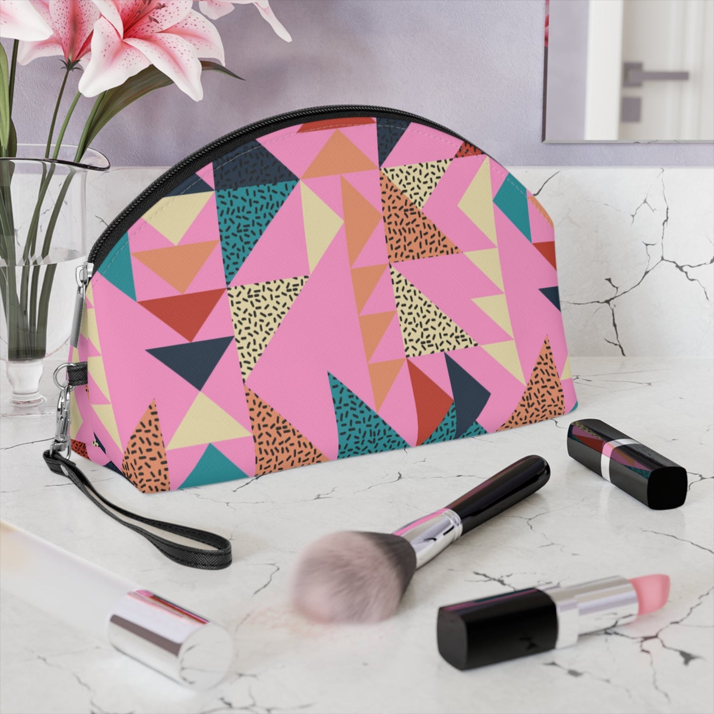 Colorful Geometric Makeup Bag – Memphis Style Cosmetic Pouch with Wrist Strap | Retro Travel Beauty Organizer | Mother’s Day Gift - JennyCool