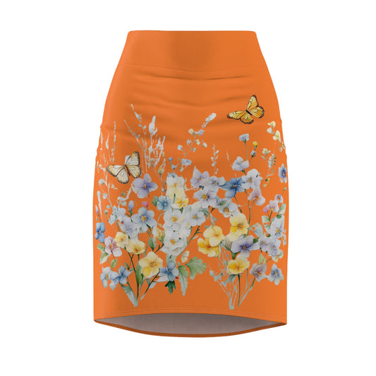 Crusta Women's Pencil Skirt (AOP) with Spring Flowers and Butterfly - JennyCool