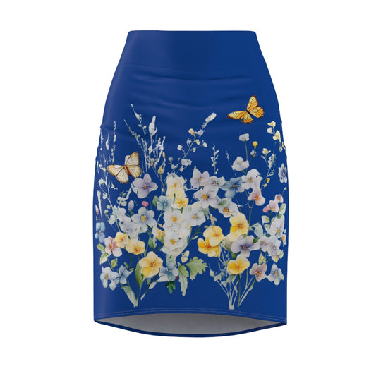 Dark Blue Women's Pencil Skirt (AOP) with Spring Flowers and Butterfly - JennyCool