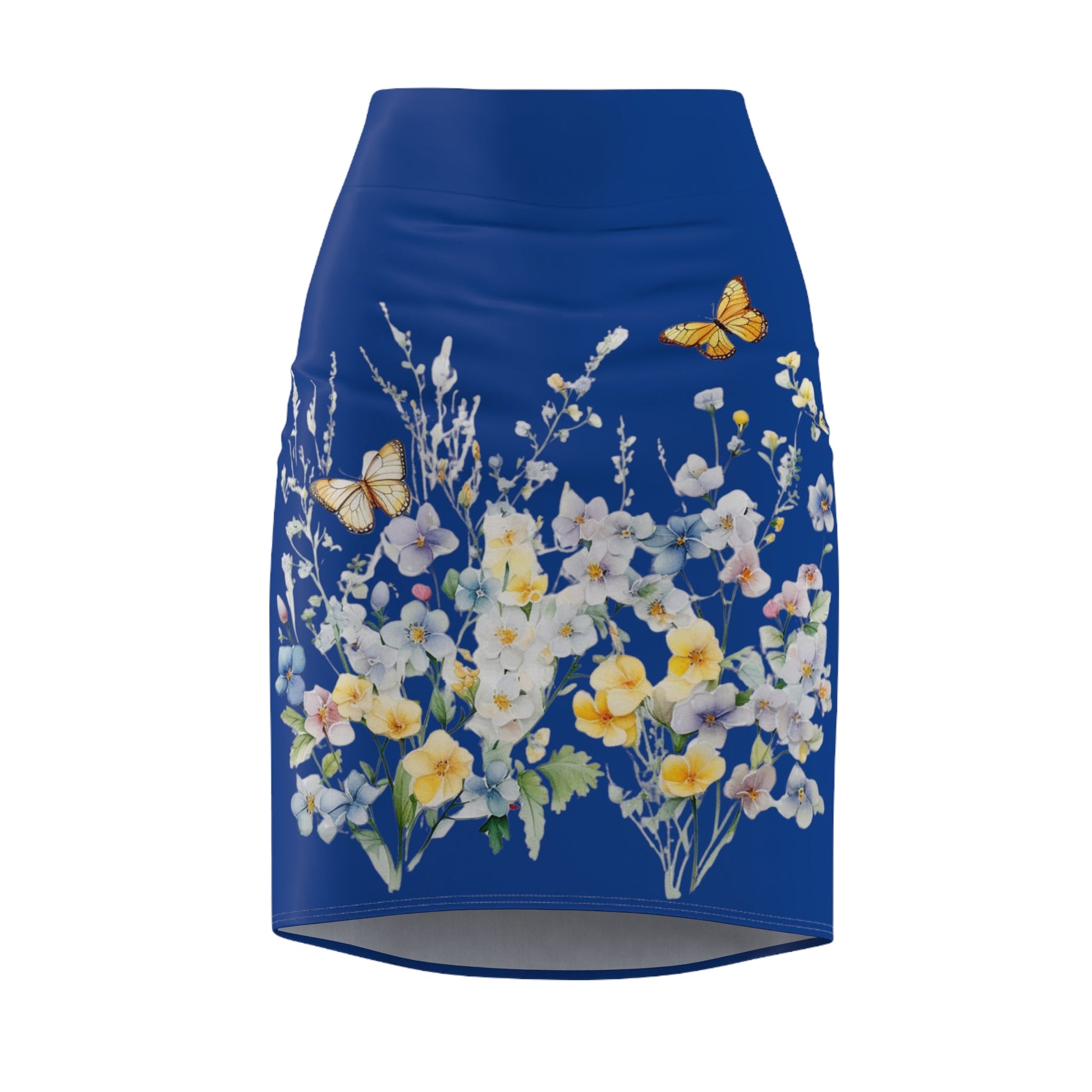 Dark Blue Women's Pencil Skirt (AOP) with Spring Flowers and Butterfly - JennyCool