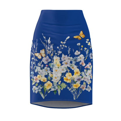 Dark Blue Women's Pencil Skirt (AOP) with Spring Flowers and Butterfly - JennyCool