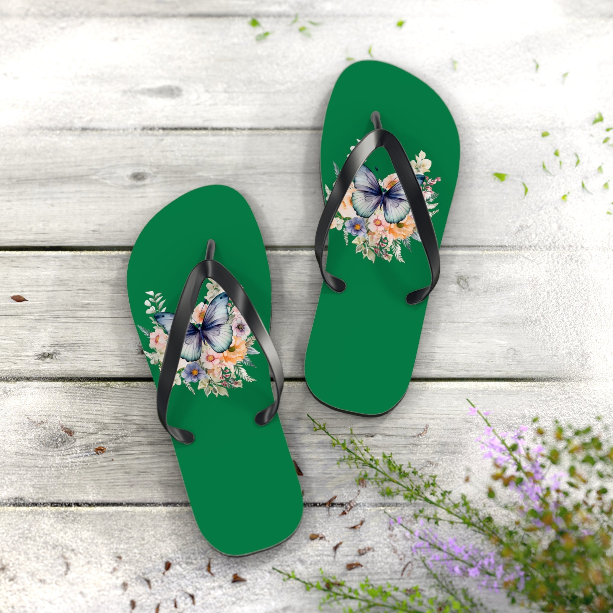 Dark Green Flip Flops with Butterfly Design - JennyCool