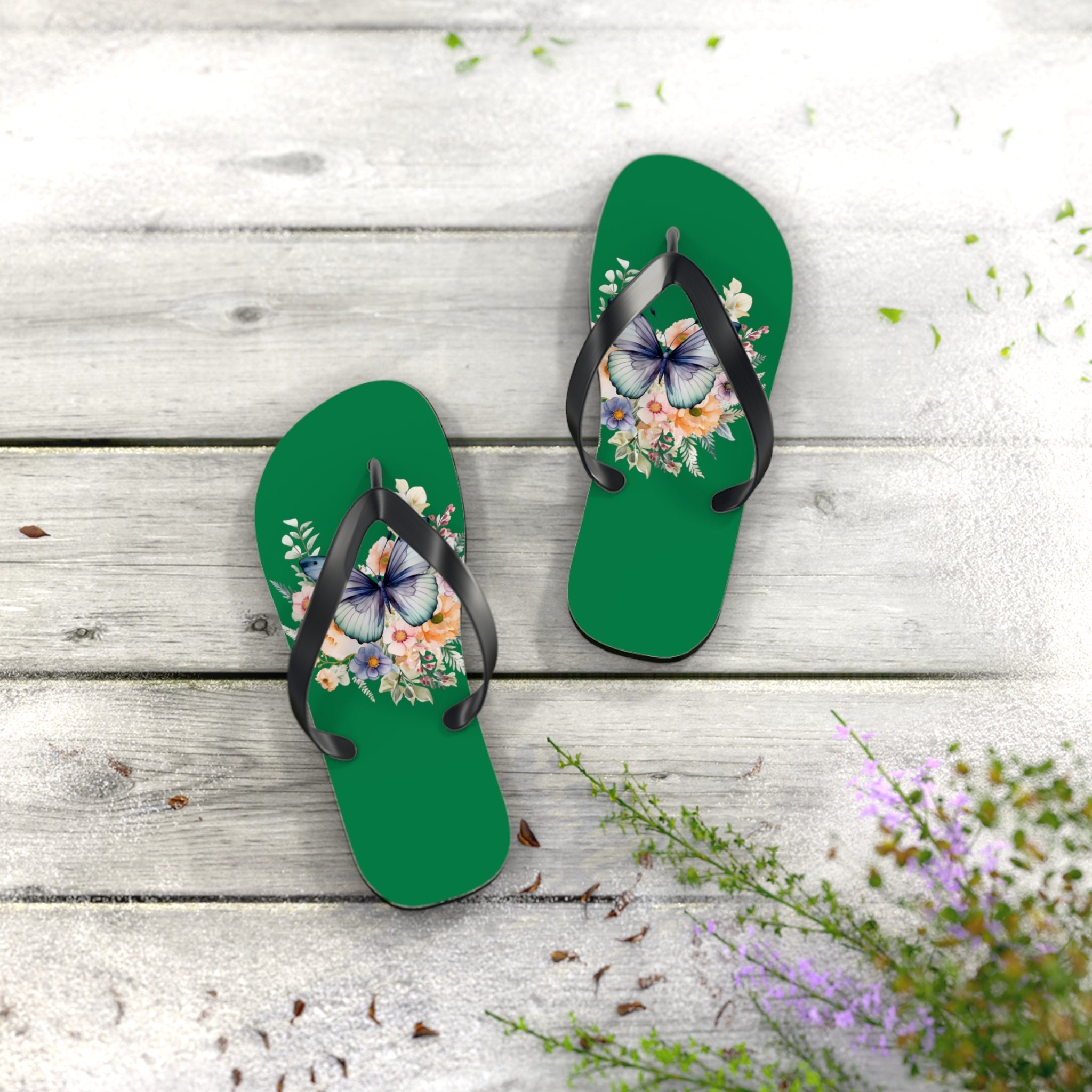 Dark Green Flip Flops with Butterfly Design - JennyCool