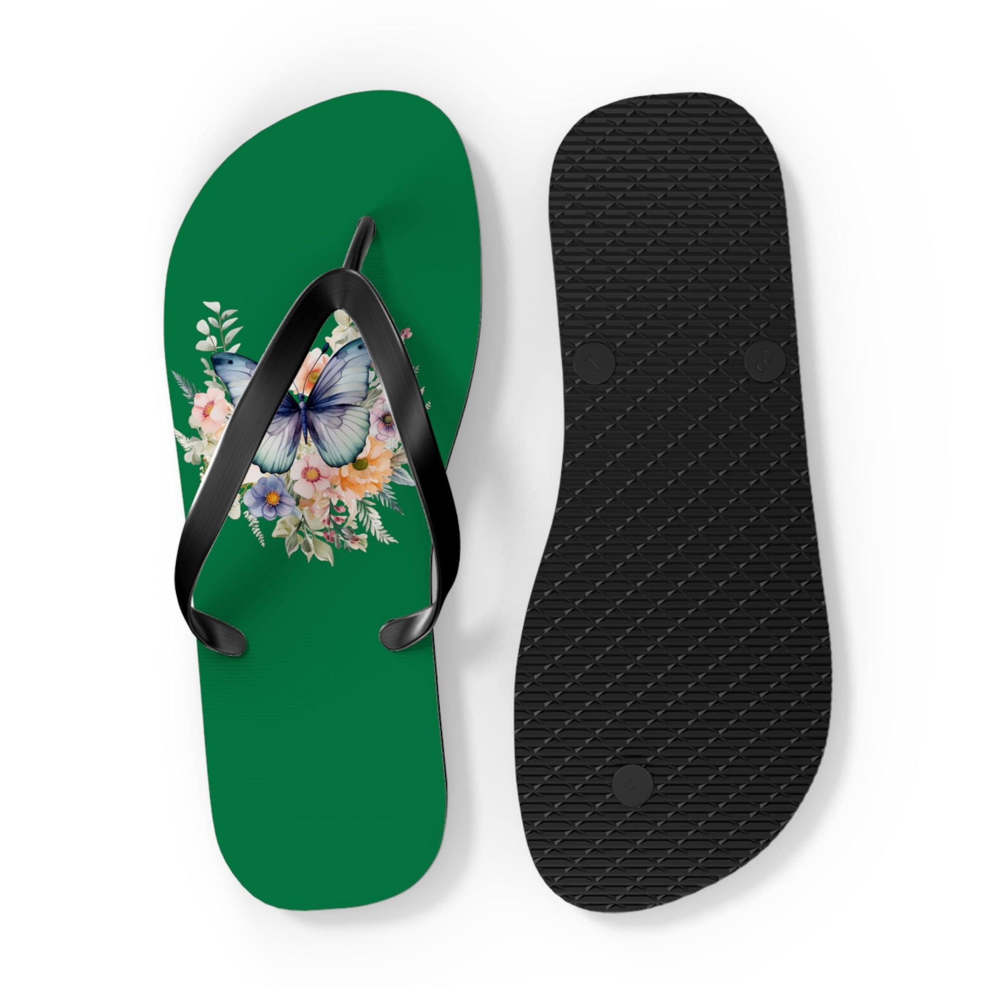 Dark Green Flip Flops with Butterfly Design - JennyCool