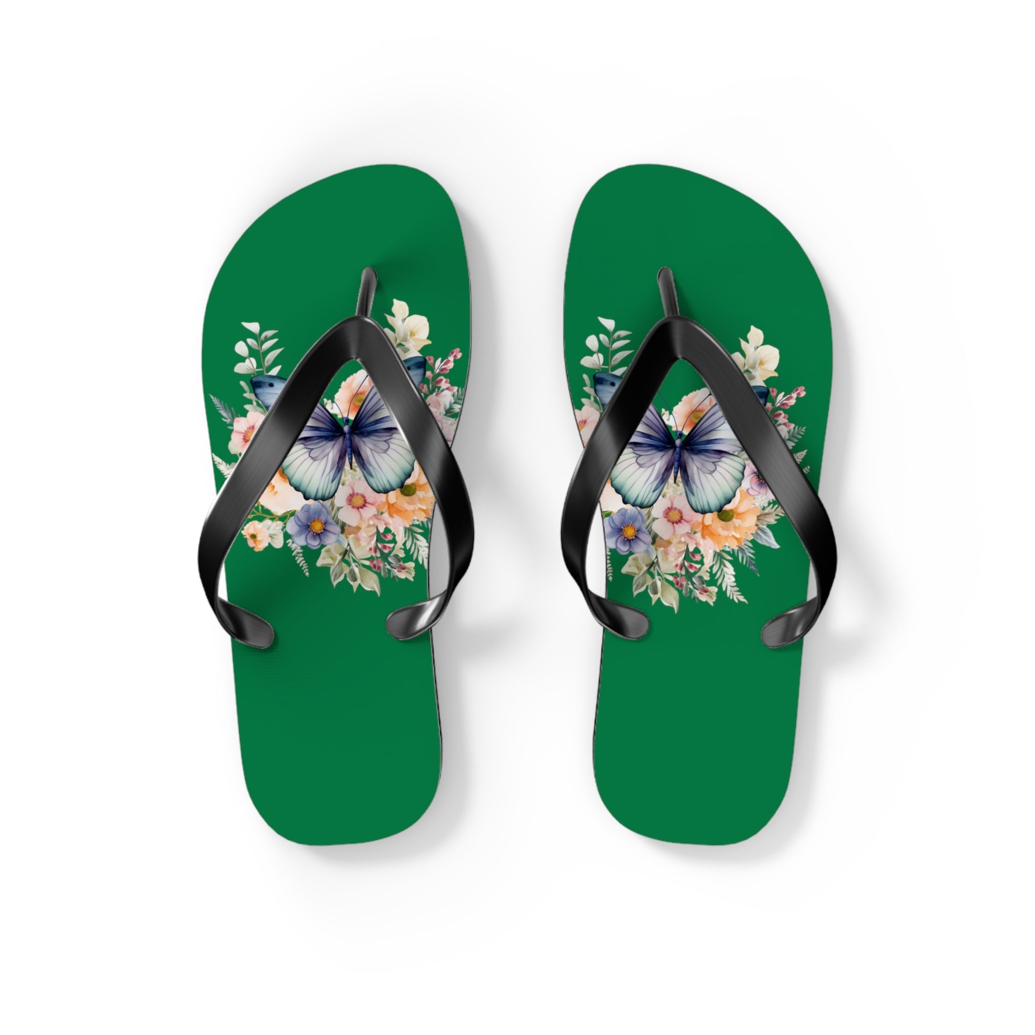 Dark Green Flip Flops with Butterfly Design - JennyCool