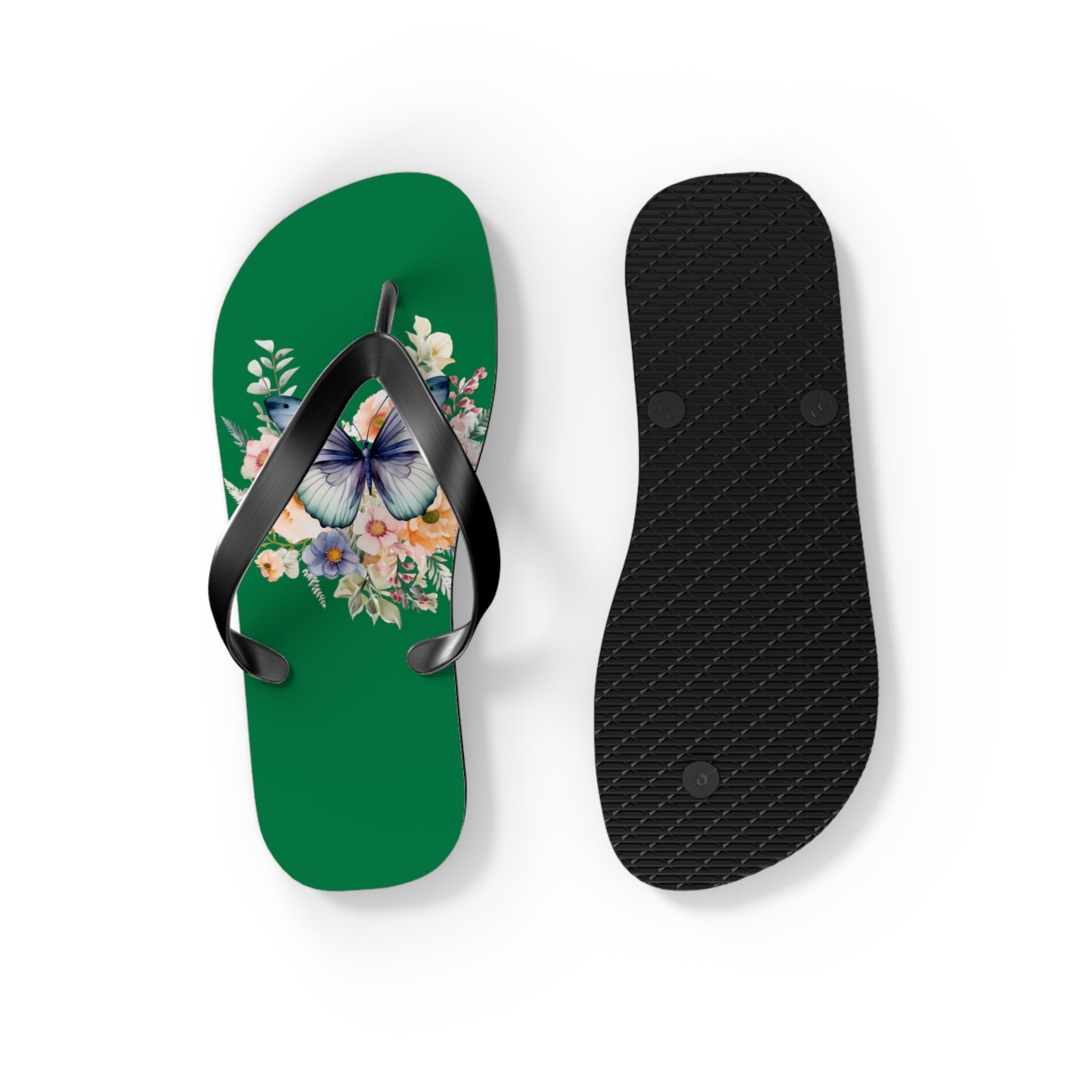 Dark Green Flip Flops with Butterfly Design - JennyCool