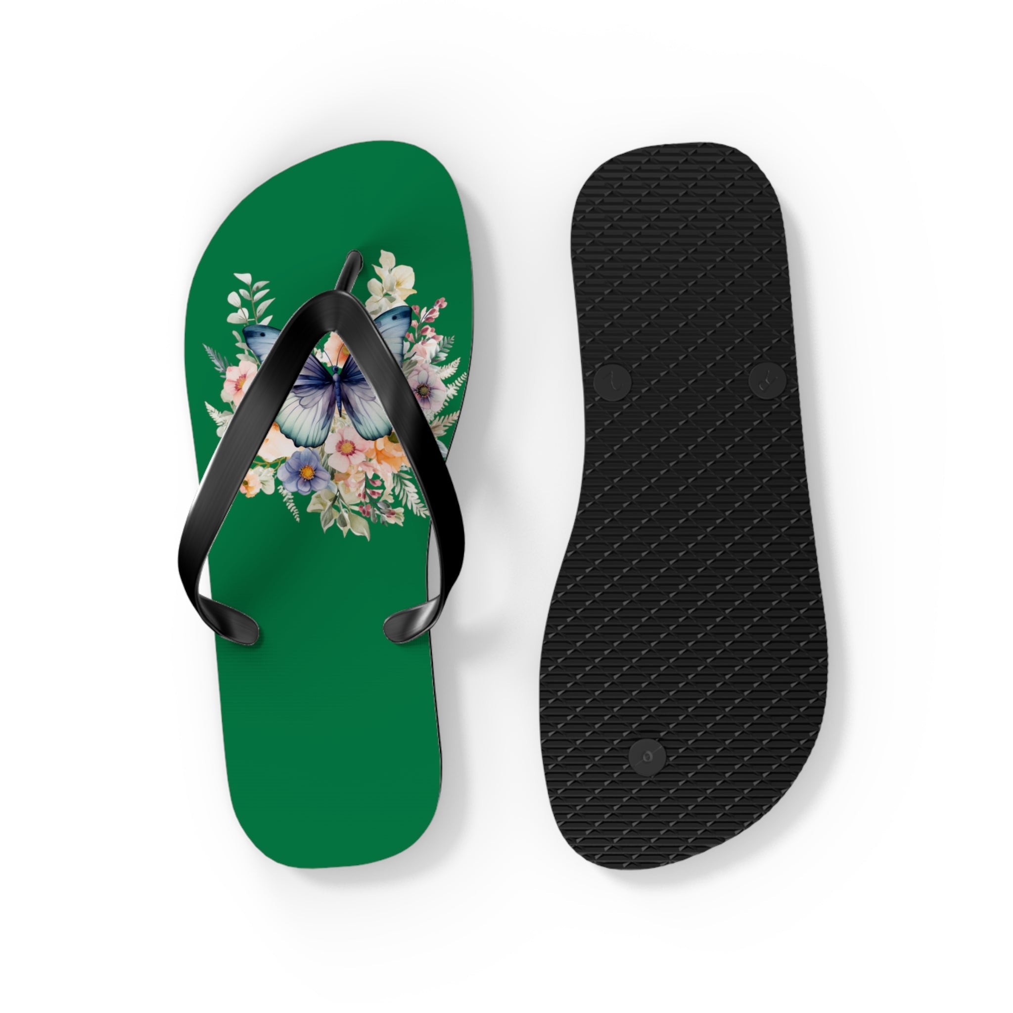 Dark Green Flip Flops with Butterfly Design - JennyCool