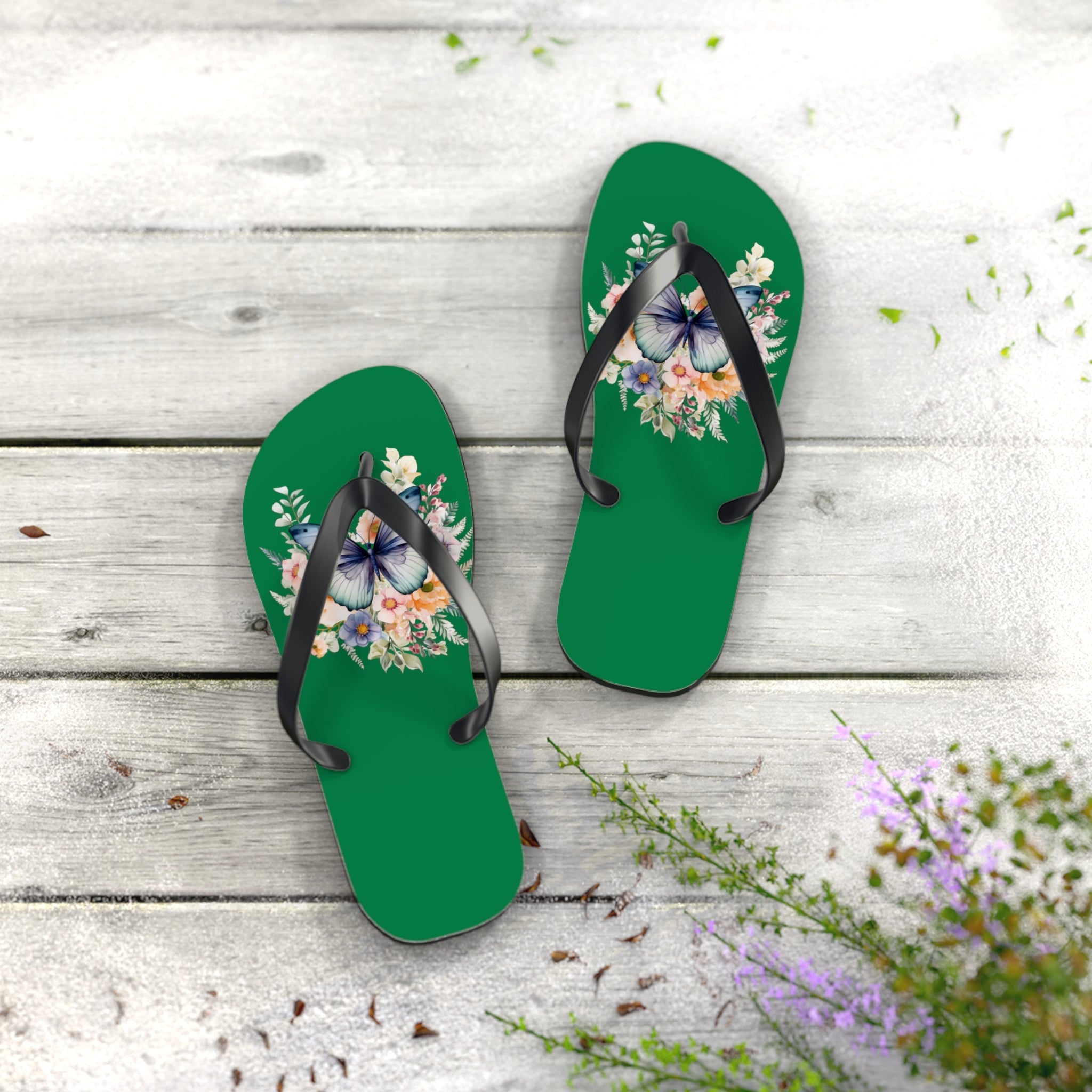 Dark Green Flip Flops with Butterfly Design - JennyCool