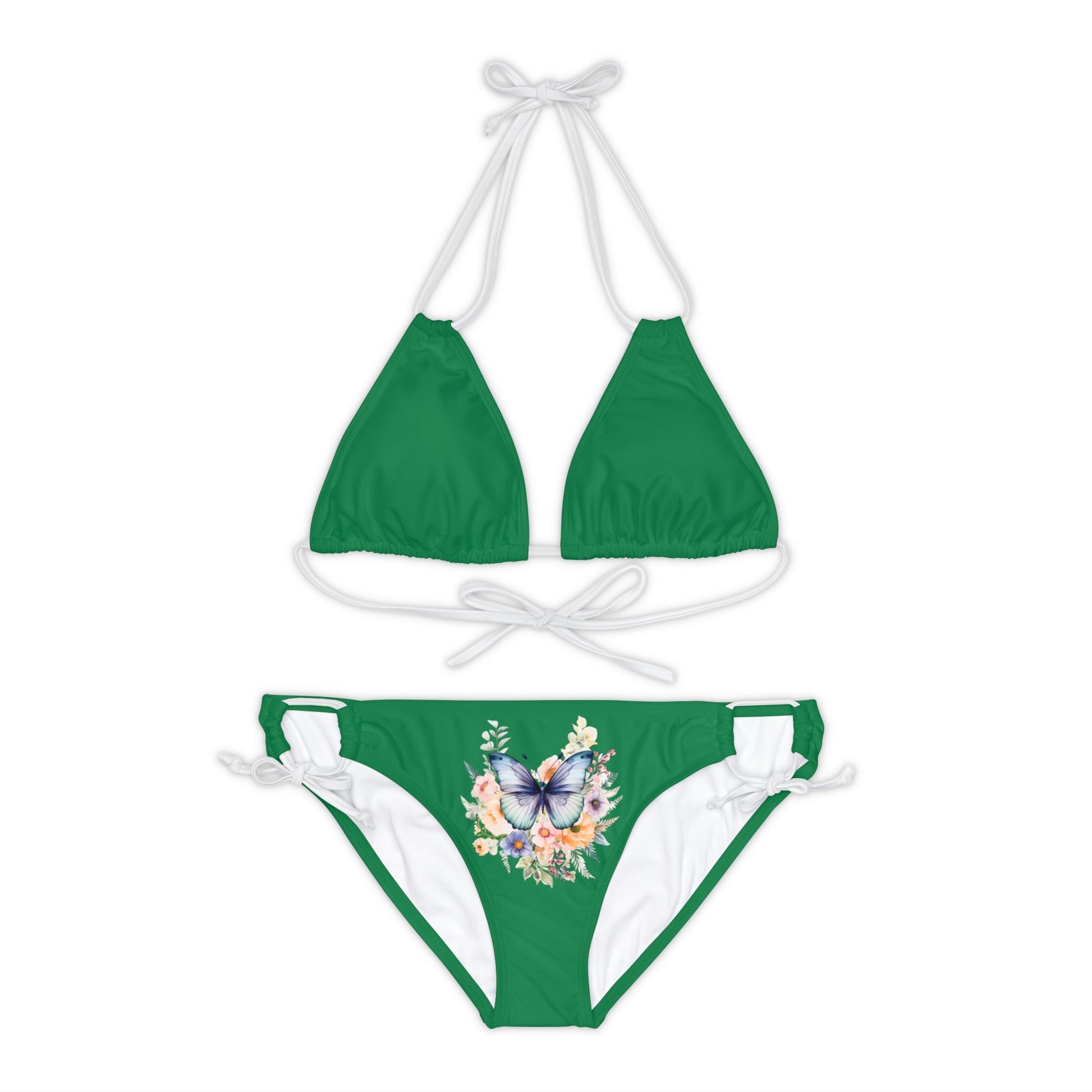 Dark Green Strappy Bikini Set (AOP) with Butterfly design - JennyCool
