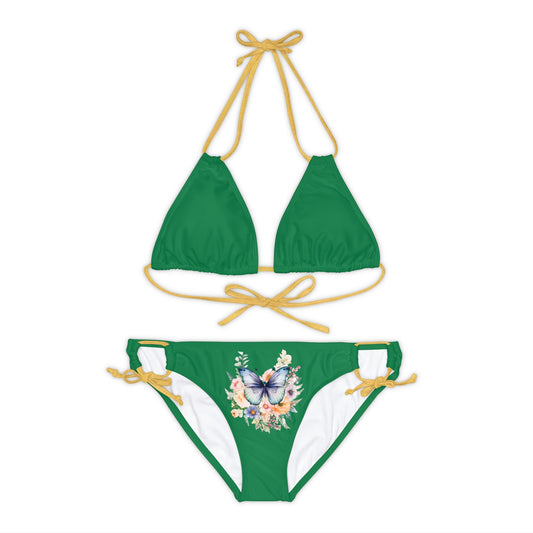 Dark Green Strappy Bikini Set (AOP) with Butterfly design - JennyCool