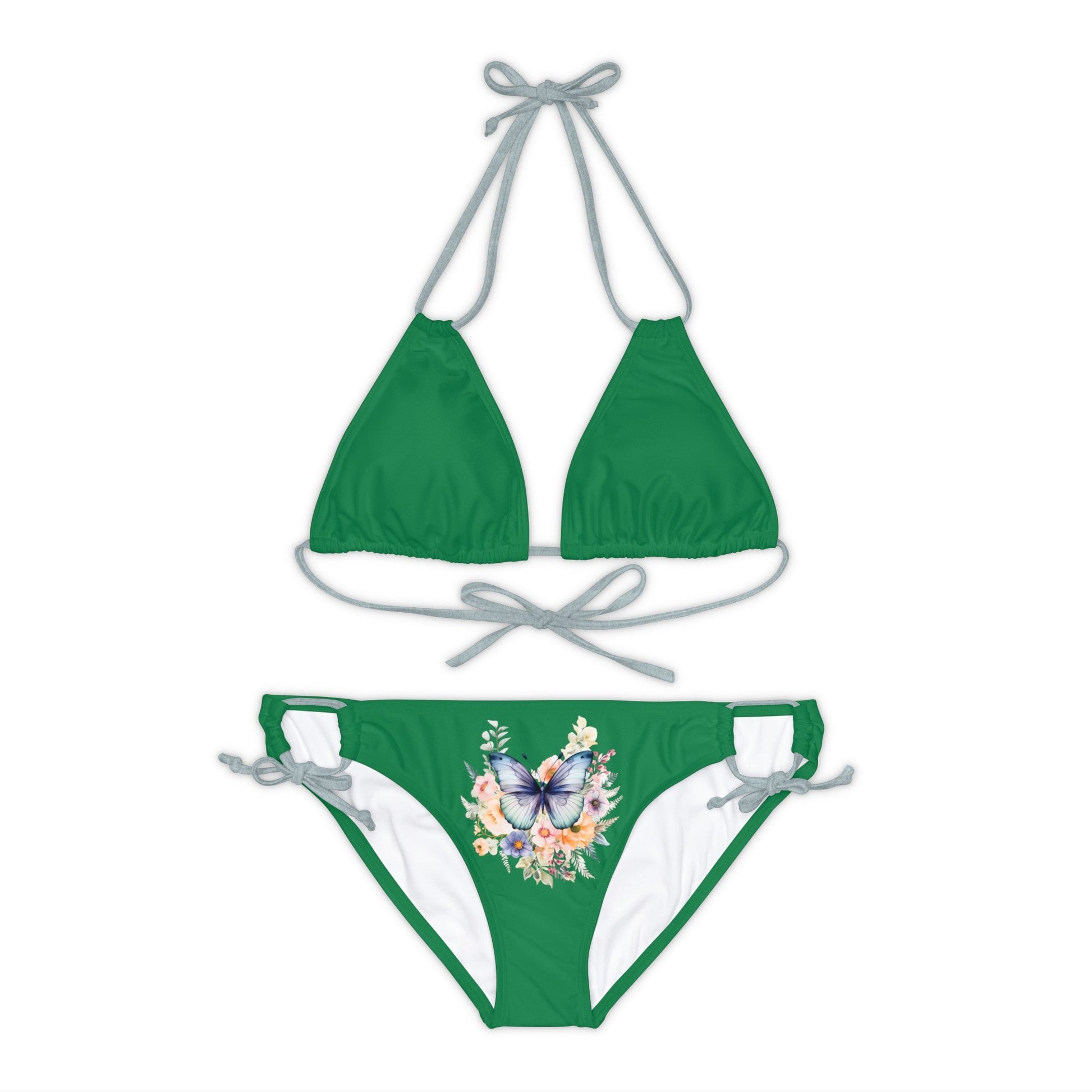 Dark Green Strappy Bikini Set (AOP) with Butterfly design - JennyCool