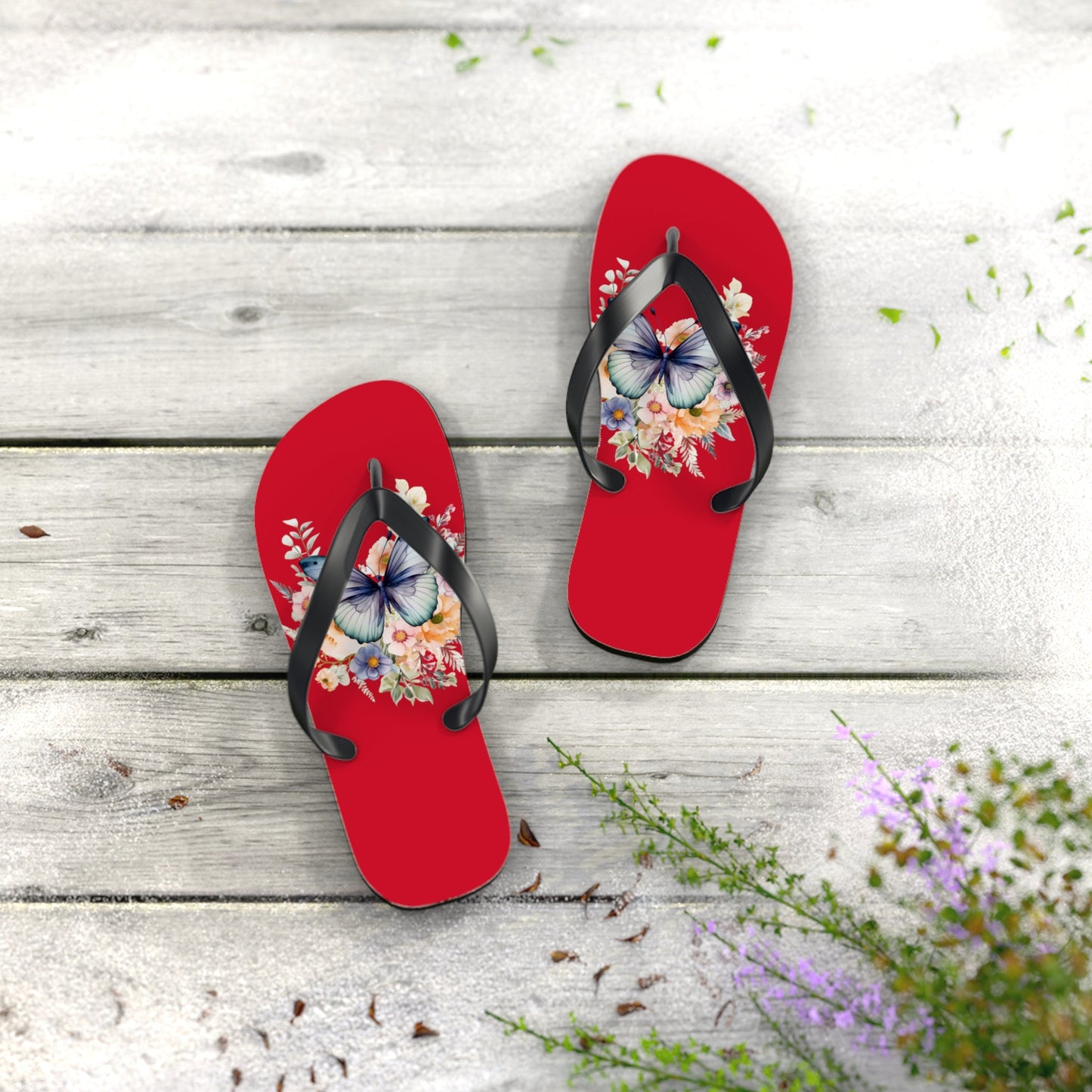 Dark Red Flip Flops with Butterfly Design - JennyCool