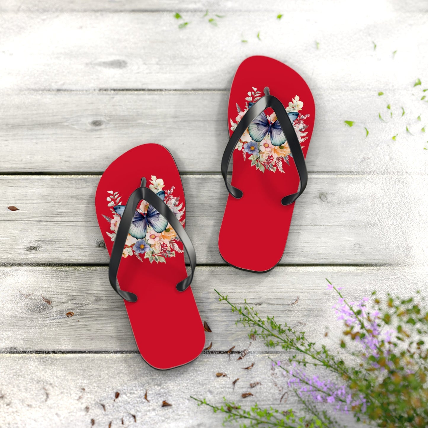 Dark Red Flip Flops with Butterfly Design - JennyCool