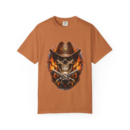 Flaming Cowboy Skull T-Shirt — Western Skull & Crossed Pistols Graphic Tee - JennyCool