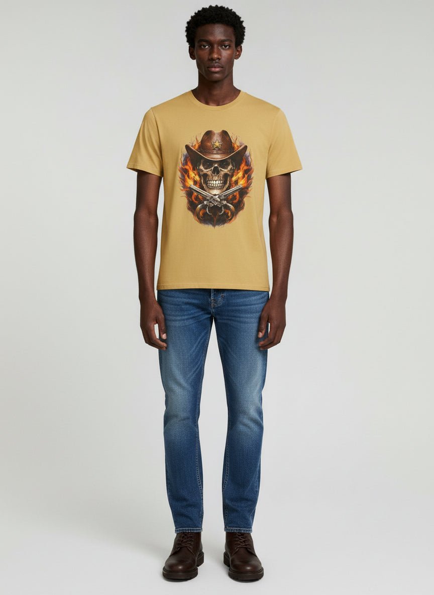 Flaming Cowboy Skull T-Shirt — Western Skull & Crossed Pistols Graphic Tee - JennyCool