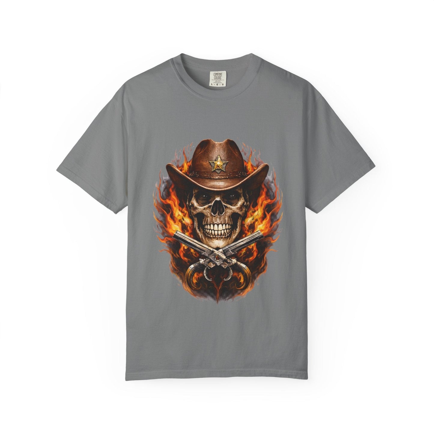 Flaming Cowboy Skull T-Shirt — Western Skull & Crossed Pistols Graphic Tee - JennyCool