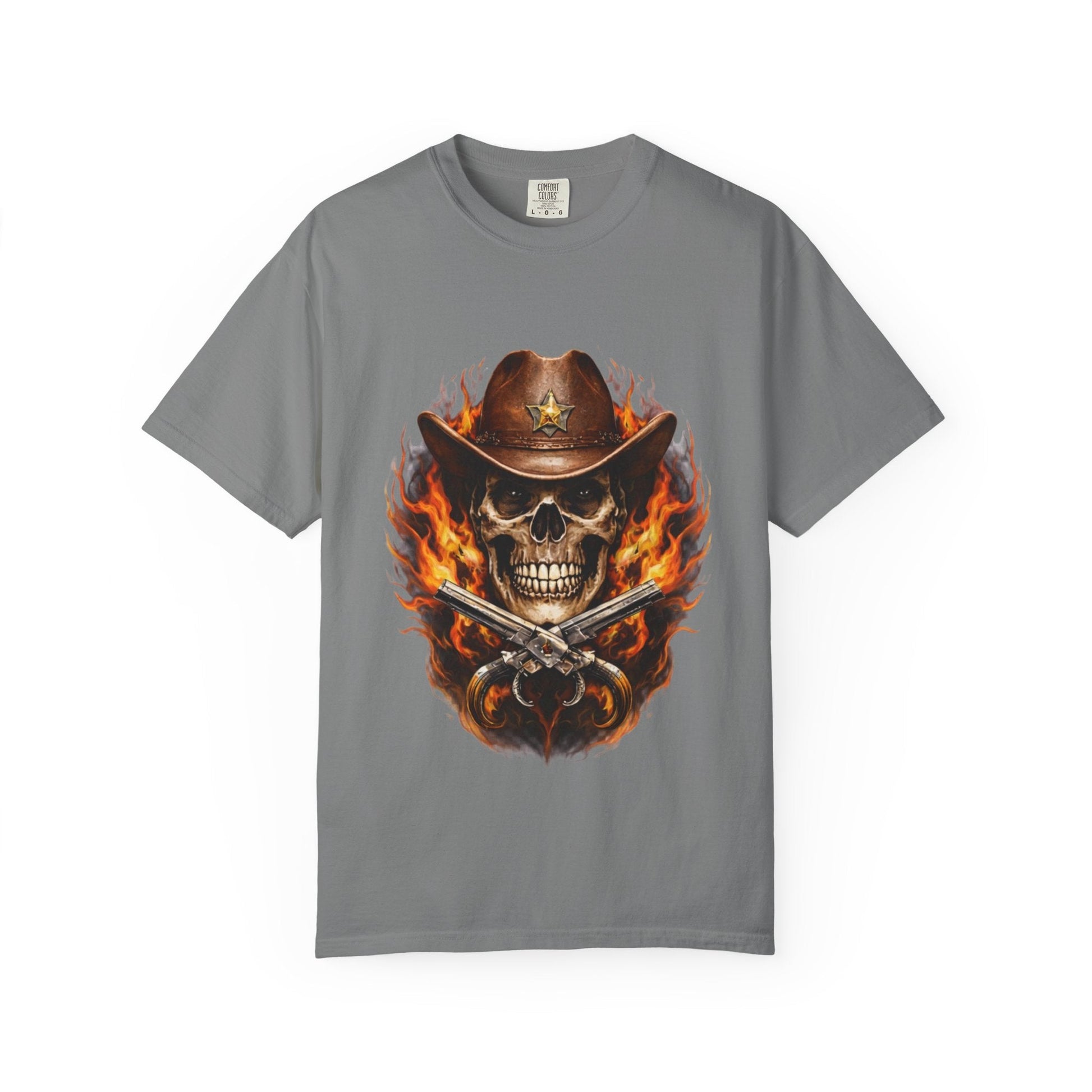 Flaming Cowboy Skull T-Shirt — Western Skull & Crossed Pistols Graphic Tee - JennyCool