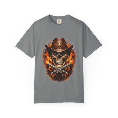 Flaming Cowboy Skull T-Shirt — Western Skull & Crossed Pistols Graphic Tee - JennyCool